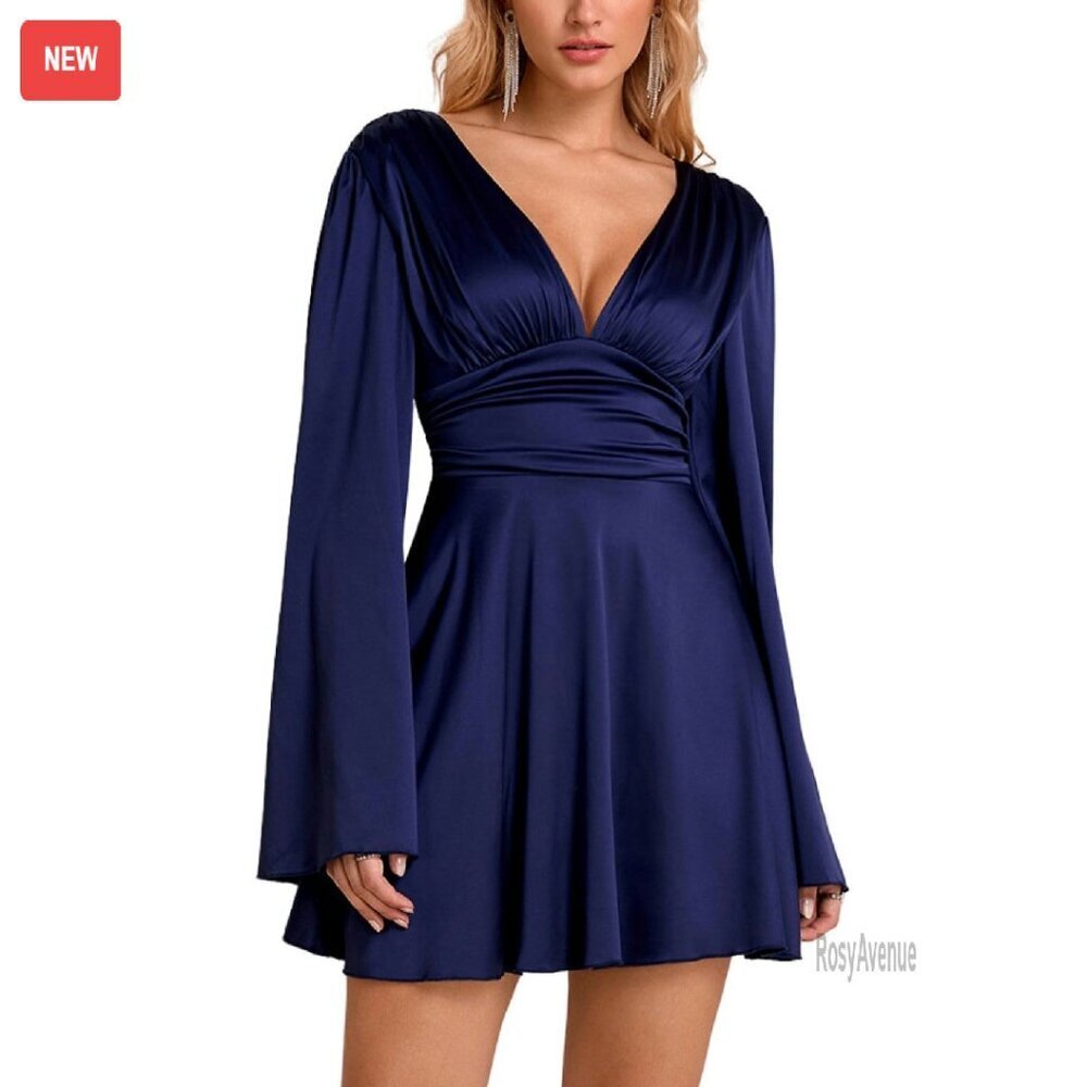 Satin Mini Dress Deep V Neck Bell Sleeves Wedding Guest Party